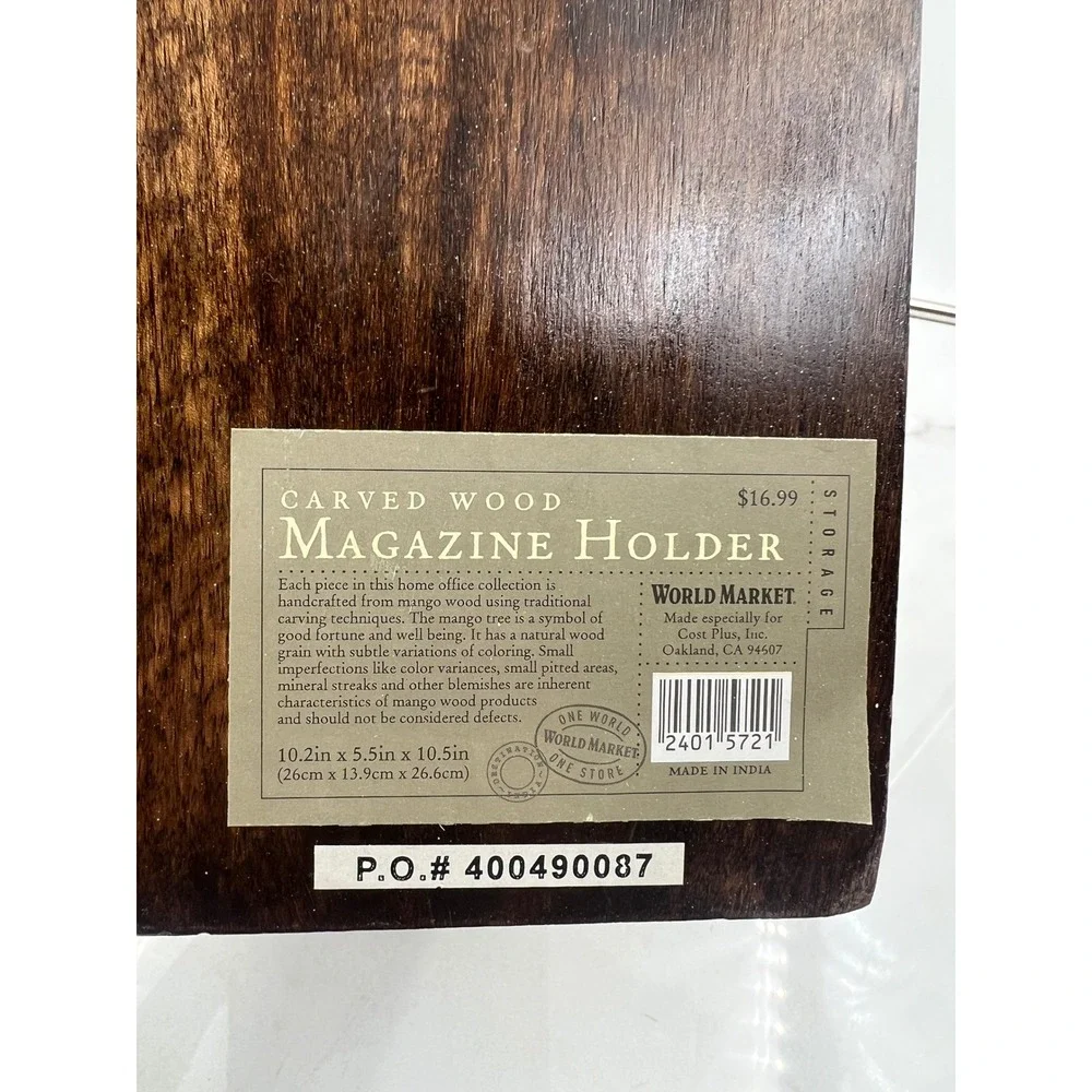 World Market Carved Mango Wood Magazine Holder Dark Brown Floral Office Storage